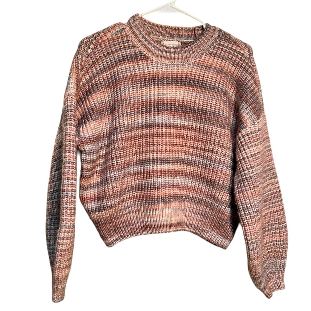Altar'd State Womens Size Small Crewneck Balloon Sleeve Sweater Pink Gray Stripe